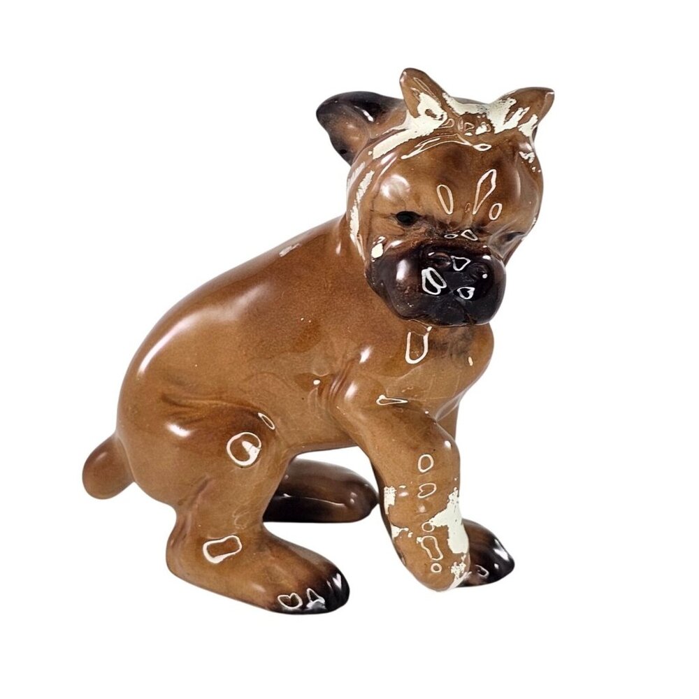 Vintage Ceramic Boxer Dog Figurine Injured Bandaged Crying Paw Up Brown